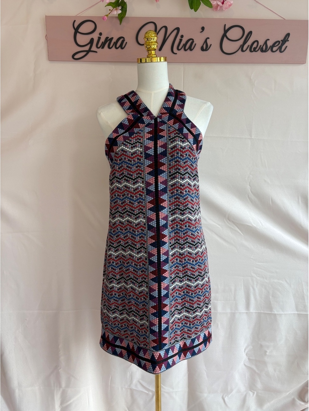 BCBG Max Azria Red and Blue Geometric Pattern Shift Dress Size Small